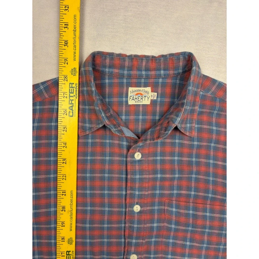 Faherty Brand Mens Small Red Blue Plaid Cotton Flannel Long Sleeve Button Shirt - Picture 5 of 8